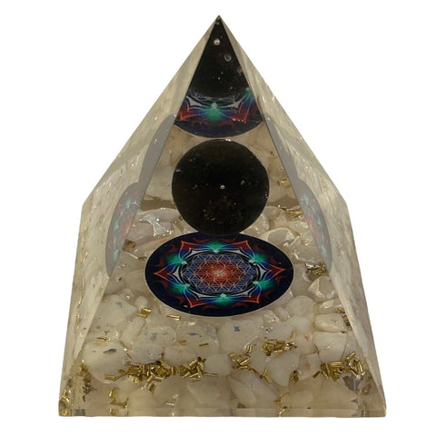 Orgonite Pyramid - Flower of Life Rainbow Moonstone #2