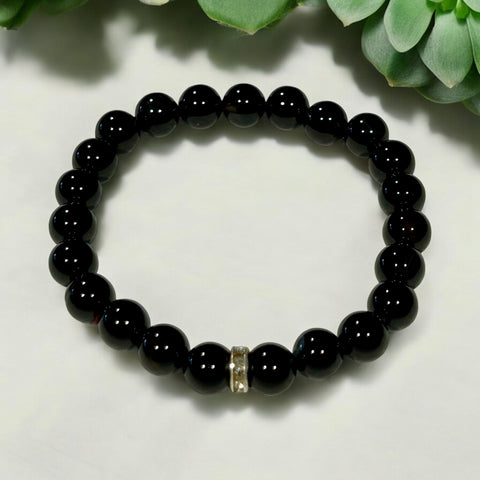 Round Bead Bracelet Black Obsidian with sparkles  #3