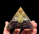 Orgonite Pyramid - Selenite & Amethyst - Hamsa hand