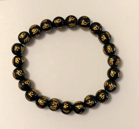 Round Bead Bracelet Black Obsidian with Symbols